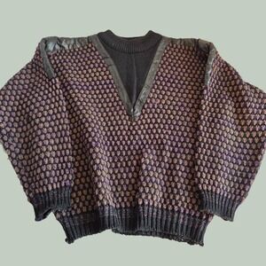Street Scenes Vintage 80s Leather Trim Knit Sweater Purple Black Mixed Media M